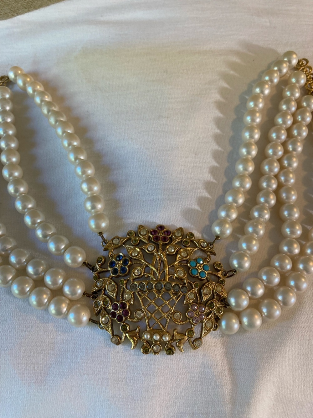 Celine Paris Vintage Faux Pearls Necklace Large Floral Design Choker Necklace